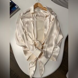 Saint Laurent cream ivory silk tie waist blouse top